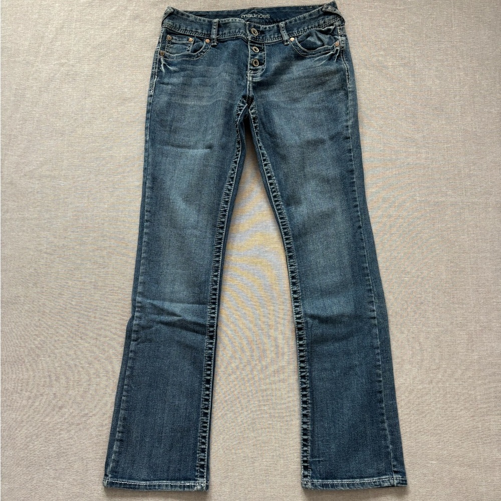 Maurices vintage Y2K low rise bootcut jeans with patterned pockets